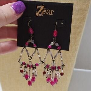 Treska Zevar Pink Beaded Chandelier Earrings Bohemian Brass Drop Dangle‎ Jewelry